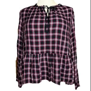 Loft Red Black Plaid Peplum Long Sleeve Blouse